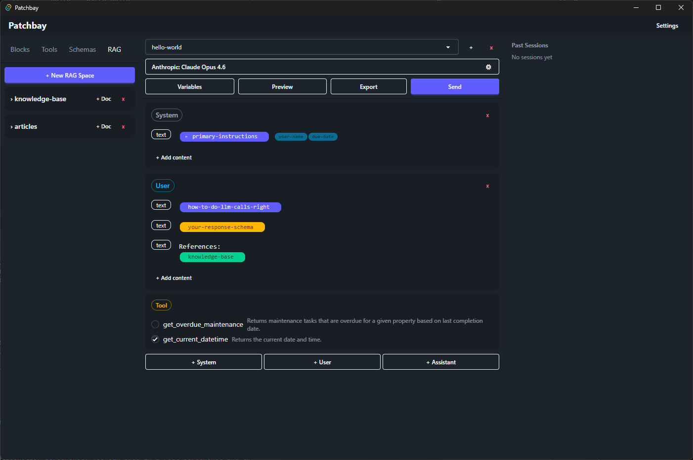 Patchbay application showing the three-panel interface: resource library, composition canvas, and response viewer